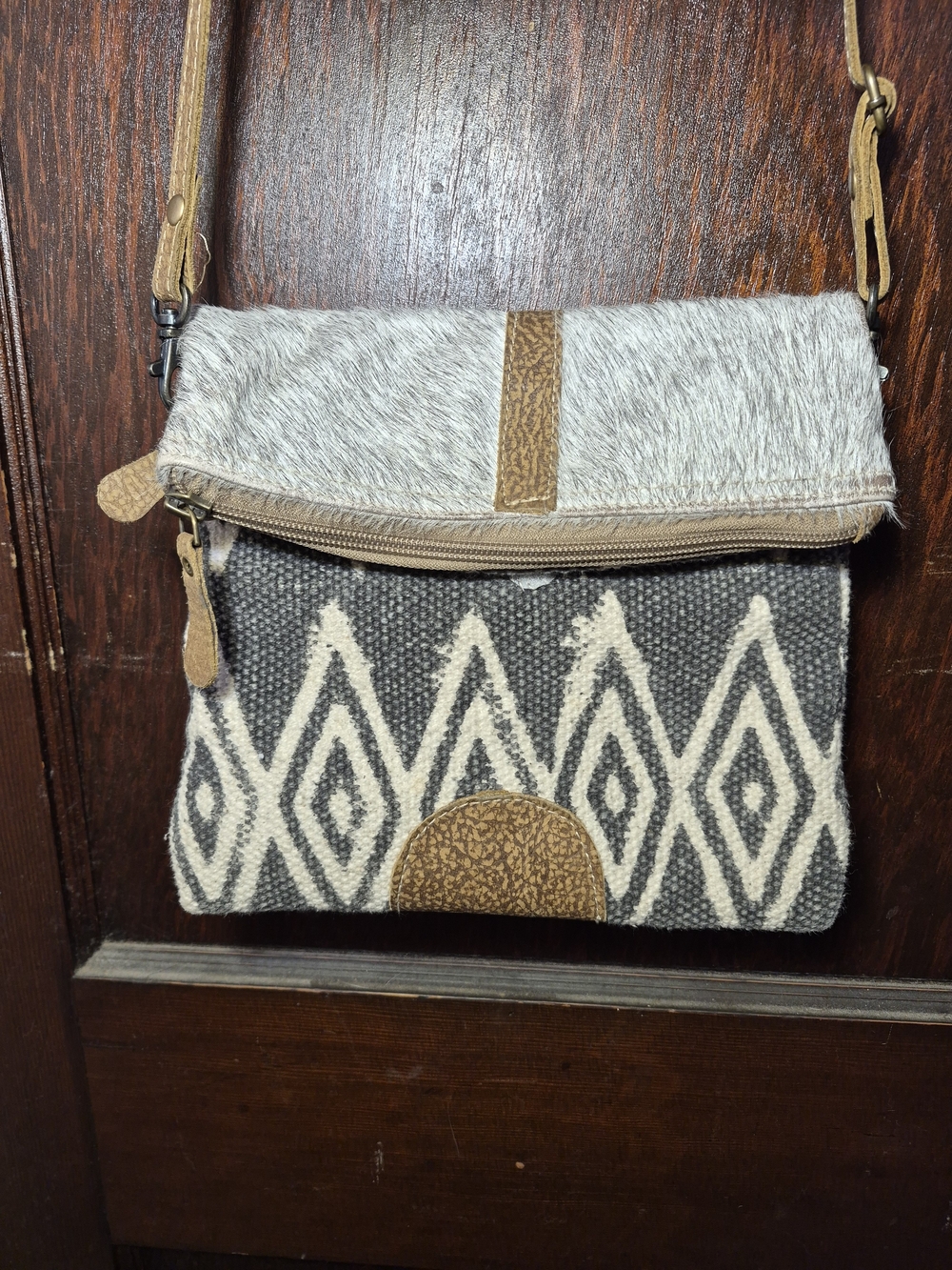 Myra Bag Gray & Cream Crossbody with Geometric Weave